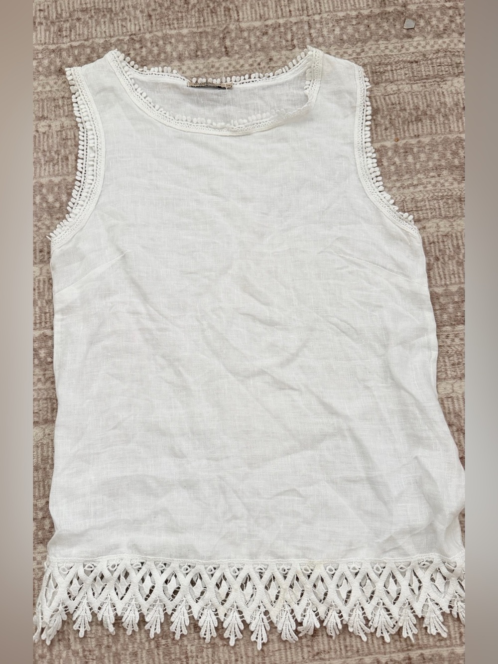 100% linen White Crochet-Trim Sleeveless Tank Top